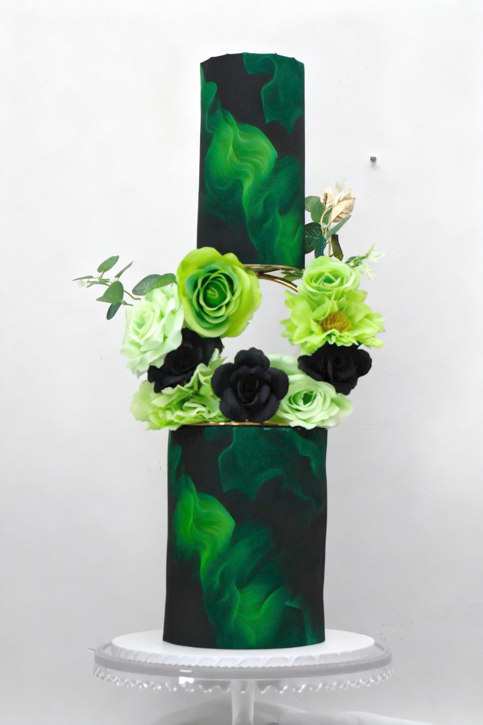 Black and emerald floral wedding cake
